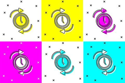 Set Clock with arrow icon isolated on color background. Time symbol. Clockwise Stock Illustration