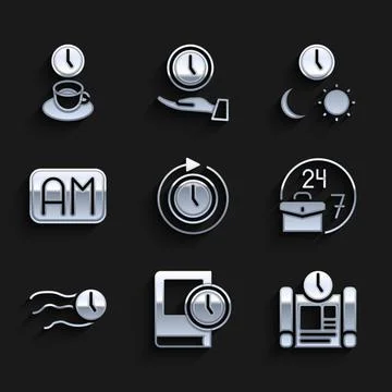 Set Clock with arrow, Time for book, Project time plan, Always busy, flies on Ilustración de archivo