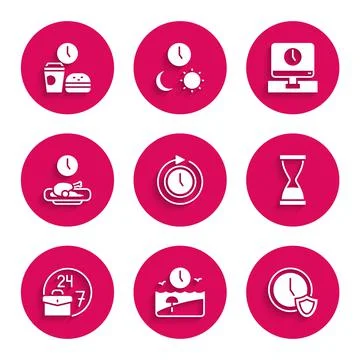 Set Clock with arrow, Vacation time, shield, Old hourglass sand, Always busy Ilustración de archivo