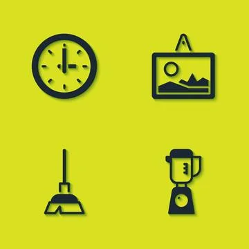 Set Clock, Blender, Handle broom and Picture icon. Vector Illustration