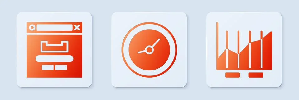 Set Clock, Browser window and Pie chart infographic. White square button. Vector 库存插图