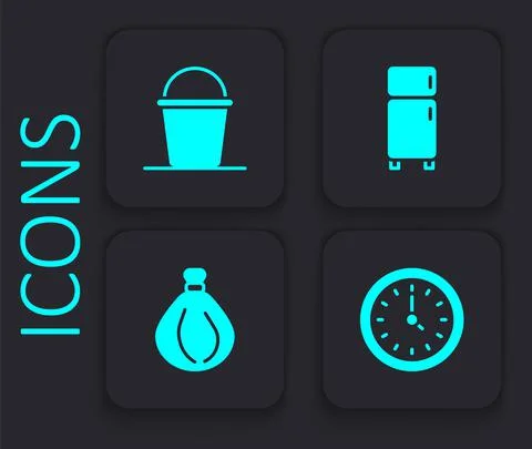 Set Clock, Bucket, Refrigerator and Garbage bag icon. Black square button Illustrazione stock