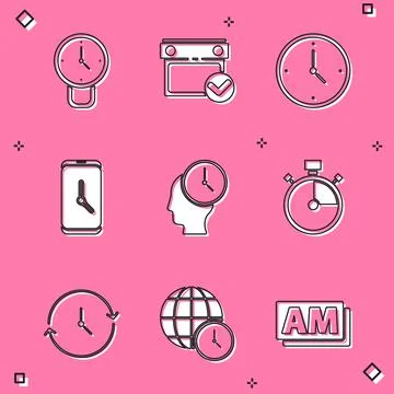 Set Clock, Calendar with check mark, Alarm clock app mobile, Time Management Stock Illustration