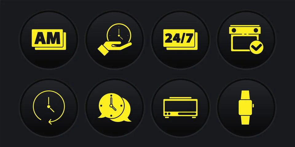 Set Clock, Calendar with check mark, speech bubble, Digital alarm clock, 24 Illustrazione stock
