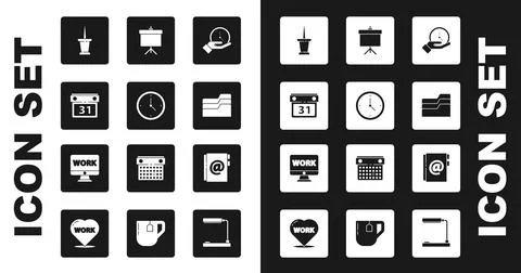 Set Clock, Calendar, Push pin, Document folder, Chalkboard with diagram, Address Illustrazione stock