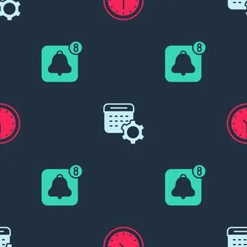 Set Clock, Calendar settings and Alarm clock app mobile on seamless pattern.. Stock Illustration