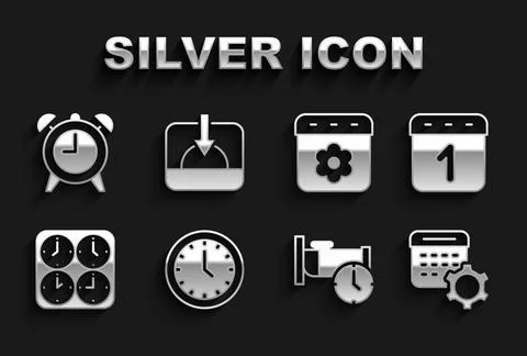 Set Clock, Calendar, settings, Time to sleep, zone clocks, spring, Alarm an.. Illustrazione stock