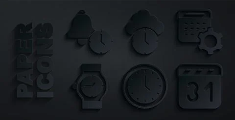 Set Clock, Calendar settings, Wrist watch,  and Alarm clock icon. Vector Stock Illustration