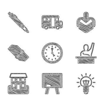 Set Clock, Chalkboard, Light bulb, Male kid raising hand, School building, .. Ilustración de archivo