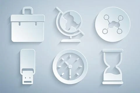 Set Clock, Chemical formula, USB flash drive, Old hourglass, Earth globe and Illustrazione stock