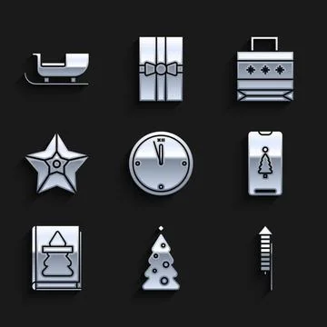 Set Clock, Christmas tree with decorations, Firework rocket, Smartphone gift box イラスト素材