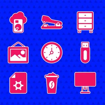 Set Clock, Coffee cup to go, Computer monitor, USB flash drive, Document 스톡 일러스트