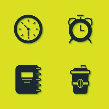 Set Clock, Coffee cup to go, Notebook and Alarm clock icon. Vector Stock Illustration