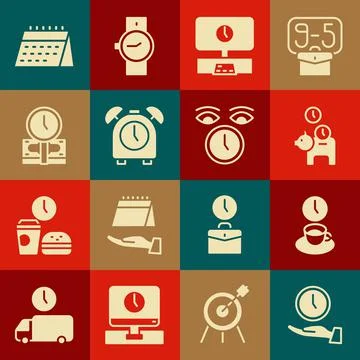 Set Clock, Coffee time, Piggy bank with coin, Smart Tv, Alarm clock, Time is Stock Illustration