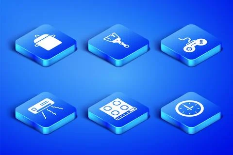 Set Clock, Cooking pot, Gas stove, Air conditioner, Paint brush and Gamepad.. Illustrazione stock