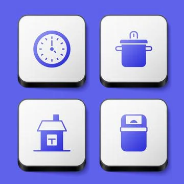 Set Clock, Cooking pot, House and Trash can icon. White square button. Vector Illustrazione stock