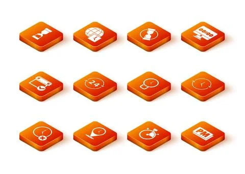Set Clock delete, Location with clock, Calendar check mark, 24 hours, Stopw.. Illustrazione stock