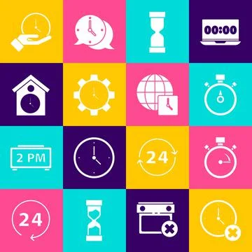 Set Clock delete, Stopwatch, Old hourglass, Time Management, Retro wall, and Stock Illustration