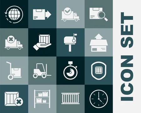 Set Clock, Delivery security with shield, Carton cardboard box, truck check mark Stock Illustration