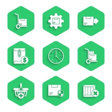 Set Clock, Delivery security with shield, Wooden box and delete, Hand truck.. Illustrazione stock
