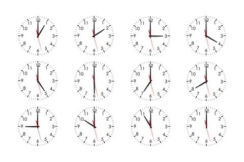 Set of clock dials showing various time isolated on white background Stock Illustration