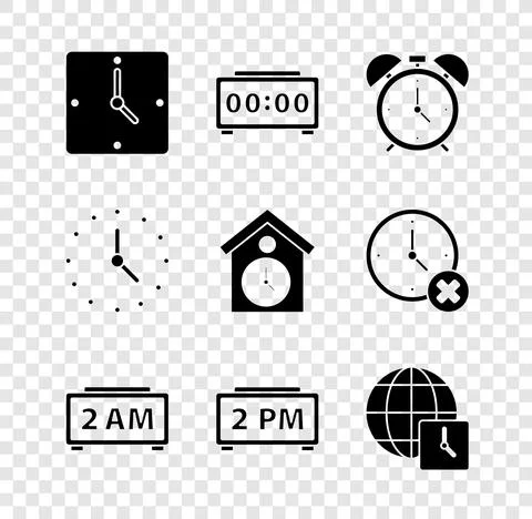 Set Clock, Digital alarm clock, Alarm, World time, and Retro wall watch icon Illustrazione stock