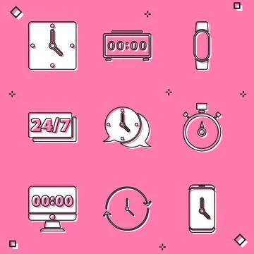 Set Clock, Digital alarm clock, Smartwatch, 24 hours, speech bubble, Stopwatch Illustrazione stock