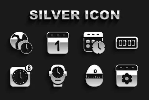 Set Clock, Digital alarm clock, Calendar spring, Kitchen timer, Alarm app mobile Stock Illustration