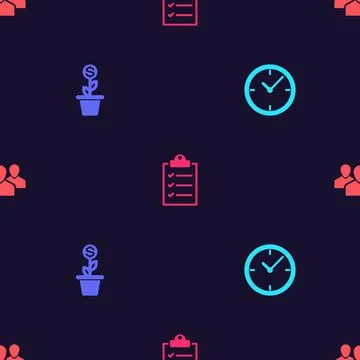 Set Clock, Dollar plant in the pot, Clipboard with checklist and Users group on 스톡 일러스트