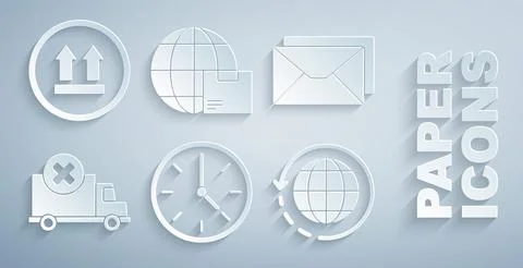 Set Clock, Envelope, Delivery cargo truck vehicle, Worldwide shipping and box Illustrazione stock