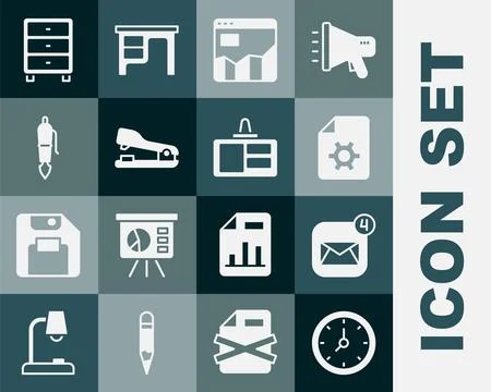 Set Clock, Envelope, Document settings, Graph chart infographic, Stapler 스톡 일러스트