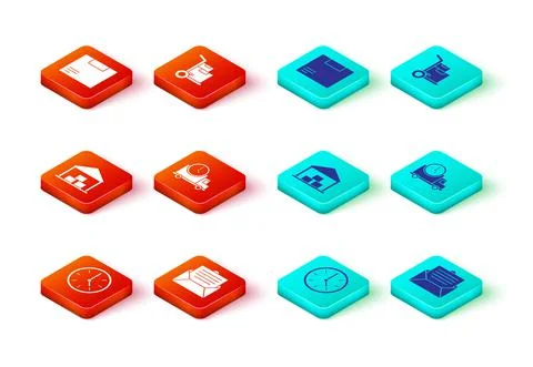 Set Clock, Envelope, Warehouse, Logistics delivery truck and clock, Hand boxes Illustrazione stock