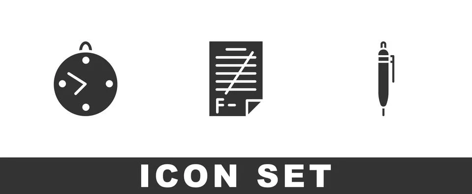 Set Clock, Exam paper with incorrect answers and Pen icon. Vector Illustrazione stock
