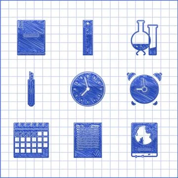 Set Clock, Exam sheet with check mark, World map on school blackboard, Alarm Stockillustratie