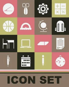 Set Clock, Exam sheet with A plus grade, School backpack, Atom, Protractor Stock Illustration