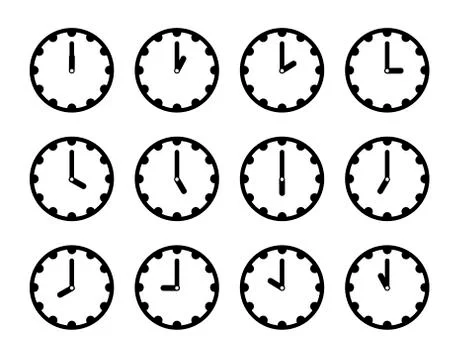 Set of clock faces simple black icons for every hour on white Stock Illustration