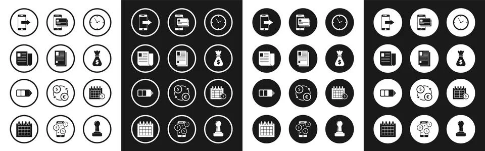 Set Clock, File document, Smartphone, mobile phone, Money bag, Mobile and credit Stock Illustration