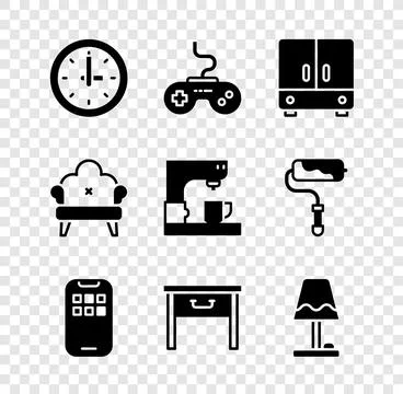 Set Clock, Gamepad, Wardrobe, Mobile Apps, Furniture nightstand, Table lamp.. Stock Illustration