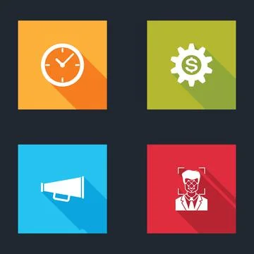 Set Clock, Gear with dollar symbol, Megaphone and Face recognition icon. Vector Illustrazione stock