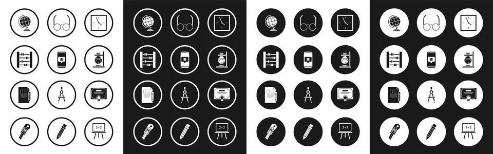 Set Clock, Graduation cap on screen smartphone, Abacus, Earth globe, Glass te Stock Illustration