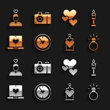 Set Clock with heart, Burning candle, Diamond engagement ring, Bottle love Stock Illustration