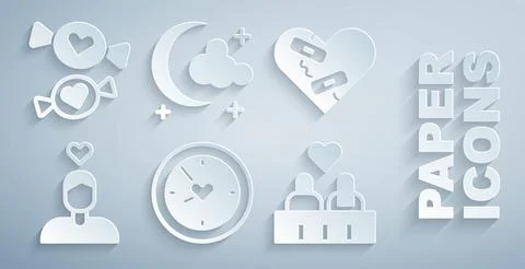 Set Clock with heart, Healed broken, Couple in love, Moon and stars and Candy Stock Illustration