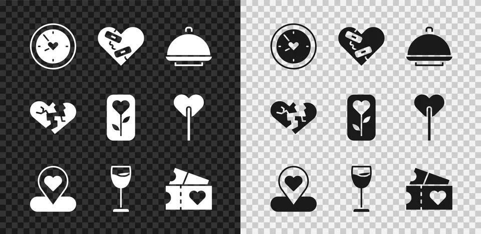 Set Clock with heart, Healed broken, Covered tray, Location, Wine glass, Love Stock Illustration