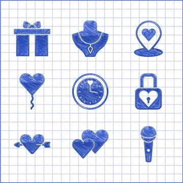 Set Clock, Heart, Microphone, Lock and heart, Amour with arrow, Balloon in form Stock Illustration