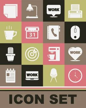 Set Clock, Heart with text work, Computer mouse, Location, Calendar, Coffee cup 스톡 일러스트