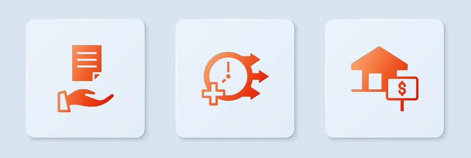 Set Clock, House contract and with dollar. White square button. Vector Stock Illustration