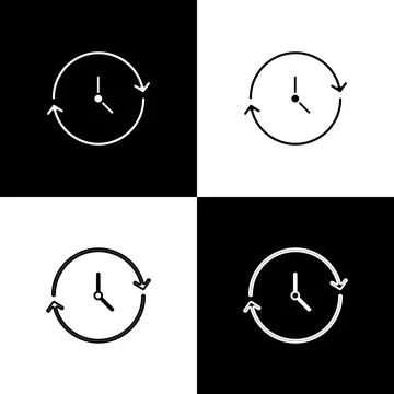 Set Clock icon isolated on black and white background. Time symbol. Vector Illustrazione stock