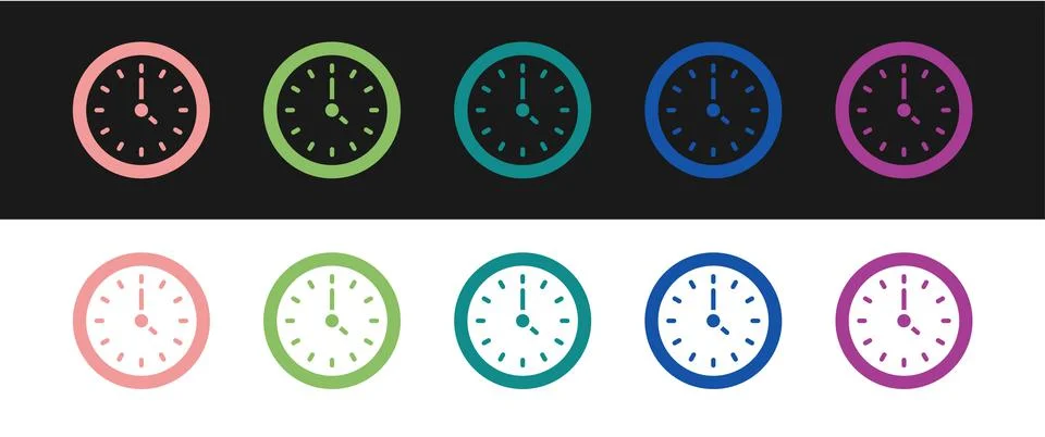 Set Clock icon isolated on black and white background. Time symbol.  Vector Illustrazione stock