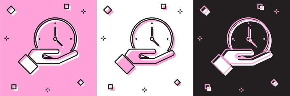 Set Clock icon isolated on pink and white, black background. Time symbol. Vector Illustrazione stock