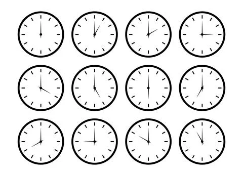 Set of clock icons. Round clocks faces with different time. Stock Illustration